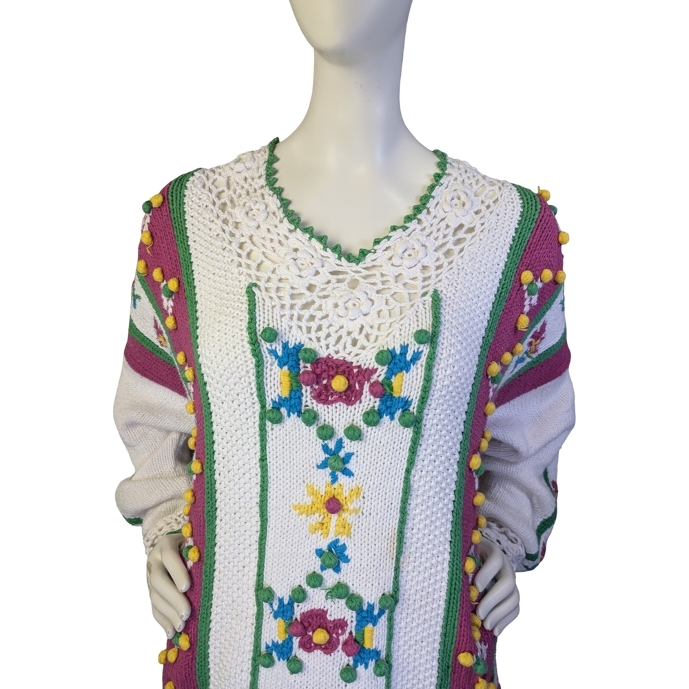 Vintage Knit Sweater Floral Crochet & Bobble Details | Cottagecore | Folk Art - Picture 2 of 8